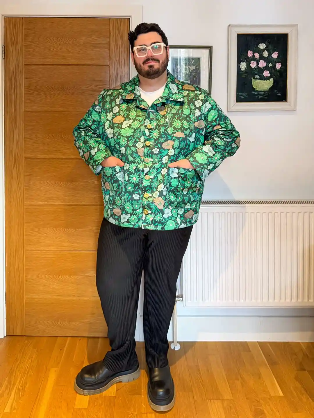 4. Green Floral Jacket with Chunky Boots