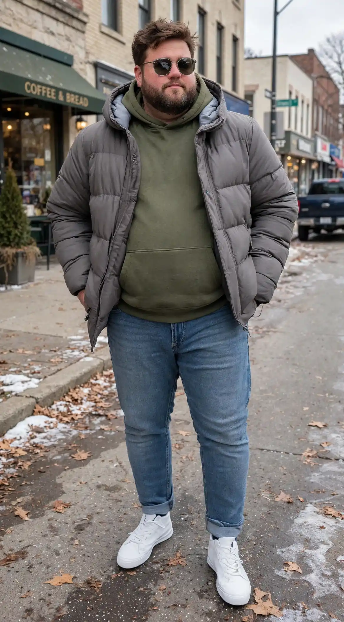 9. Olive Hoodie Paired With Grey Puffer Coat