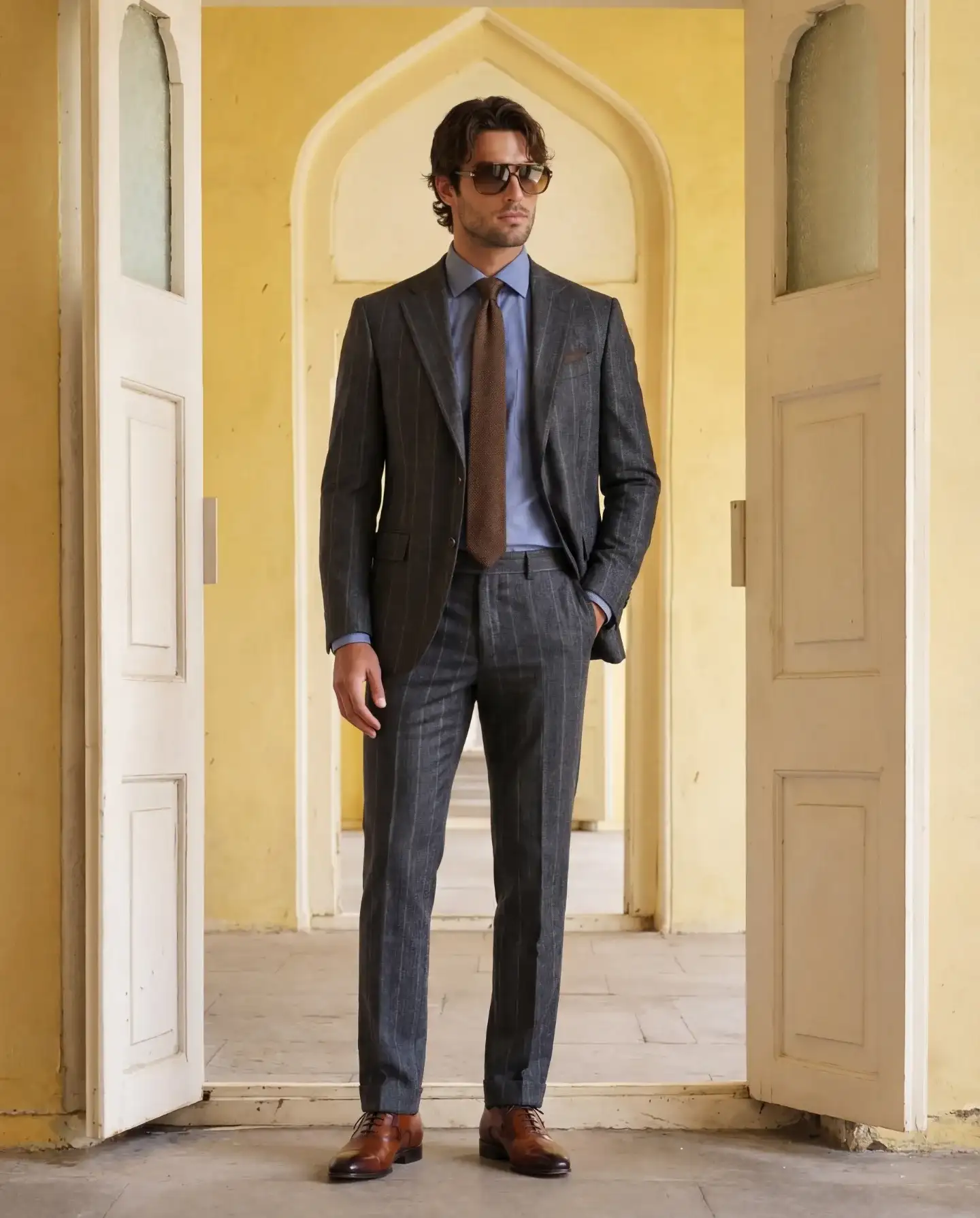 20 Suit Style Ideas for Tall Men That Look Proportional 5 Grey Tweed Three-Piece That Splits the Torso