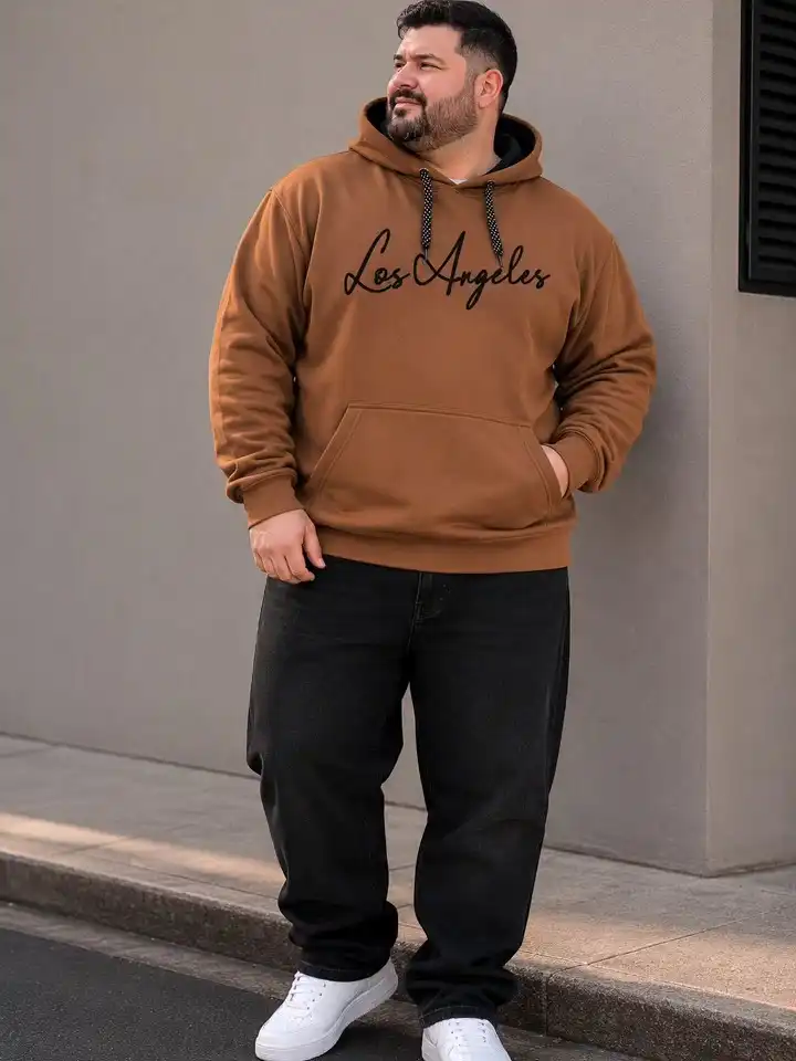 21 Winter Outfit Ideas for Plus Size Men That Actually Work 6 Camel Hoodie With Wide Black Jeans