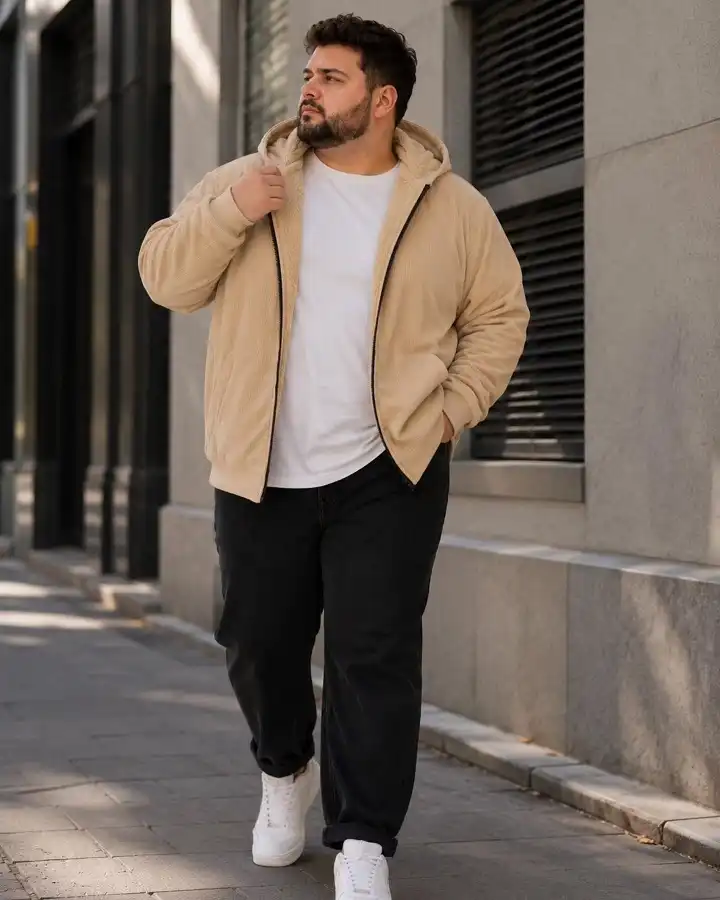 21 Winter Outfit Ideas for Plus Size Men That Actually Work 7 Beige Corduroy Jacket Lined in Sherpa