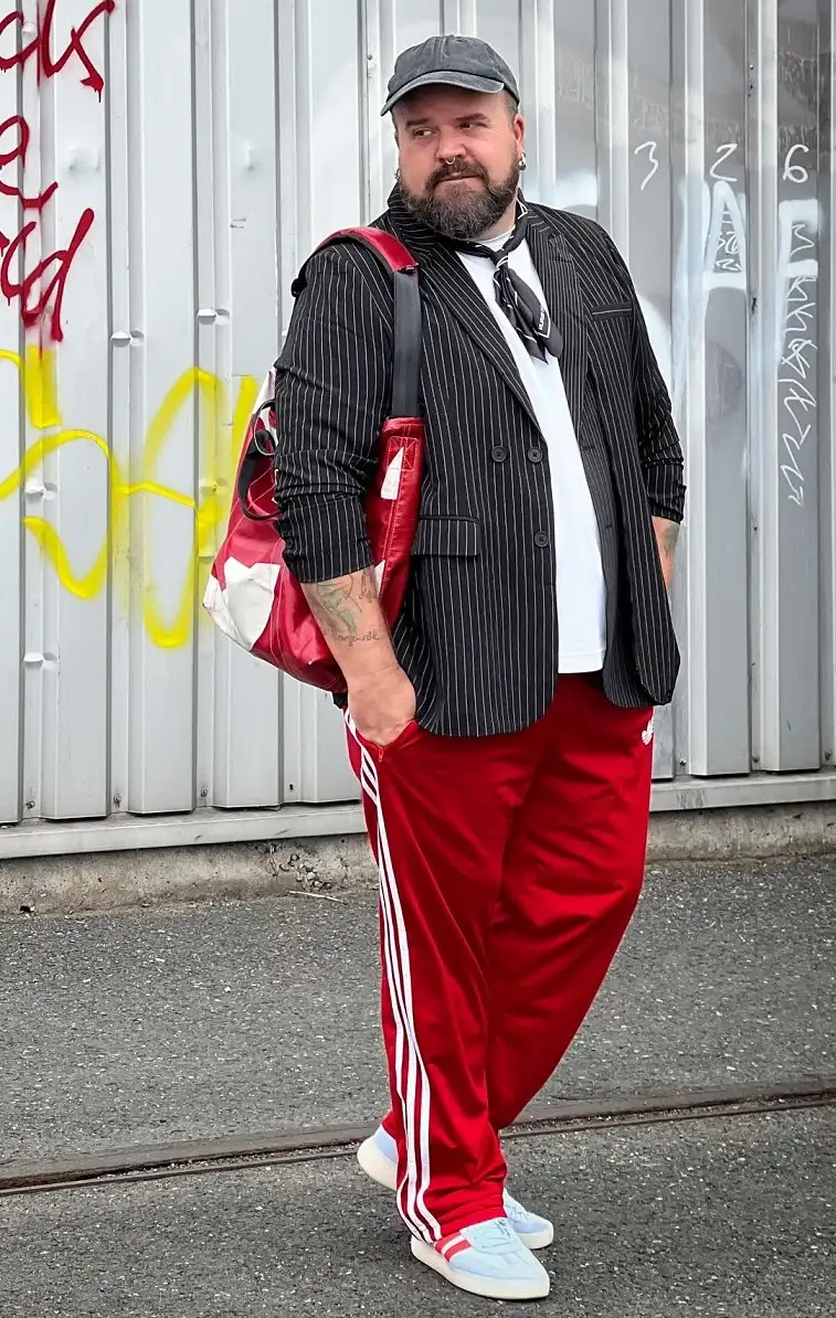 20 Vacation Outfits for Plus Size Men No One Tells You About 9 Pinstripe Blazer With Red Track Pants