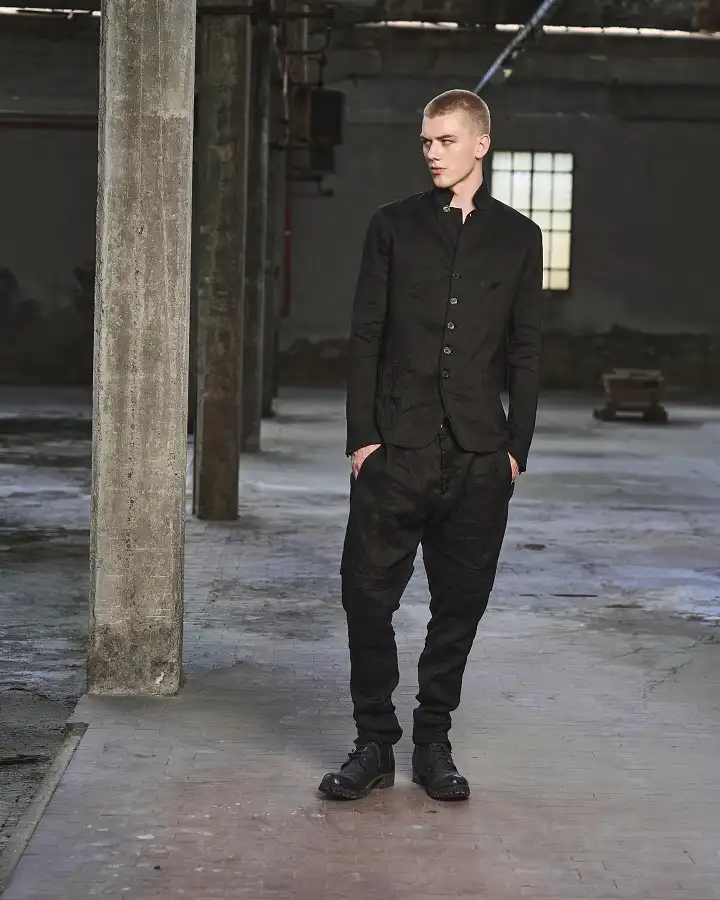 Mandarin Collar Jacket and Dropped Trousers for a Quiet Cyberpunk Fit