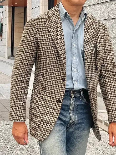 Houndstooth Jacket Loosened Up With Chambray and Jeans