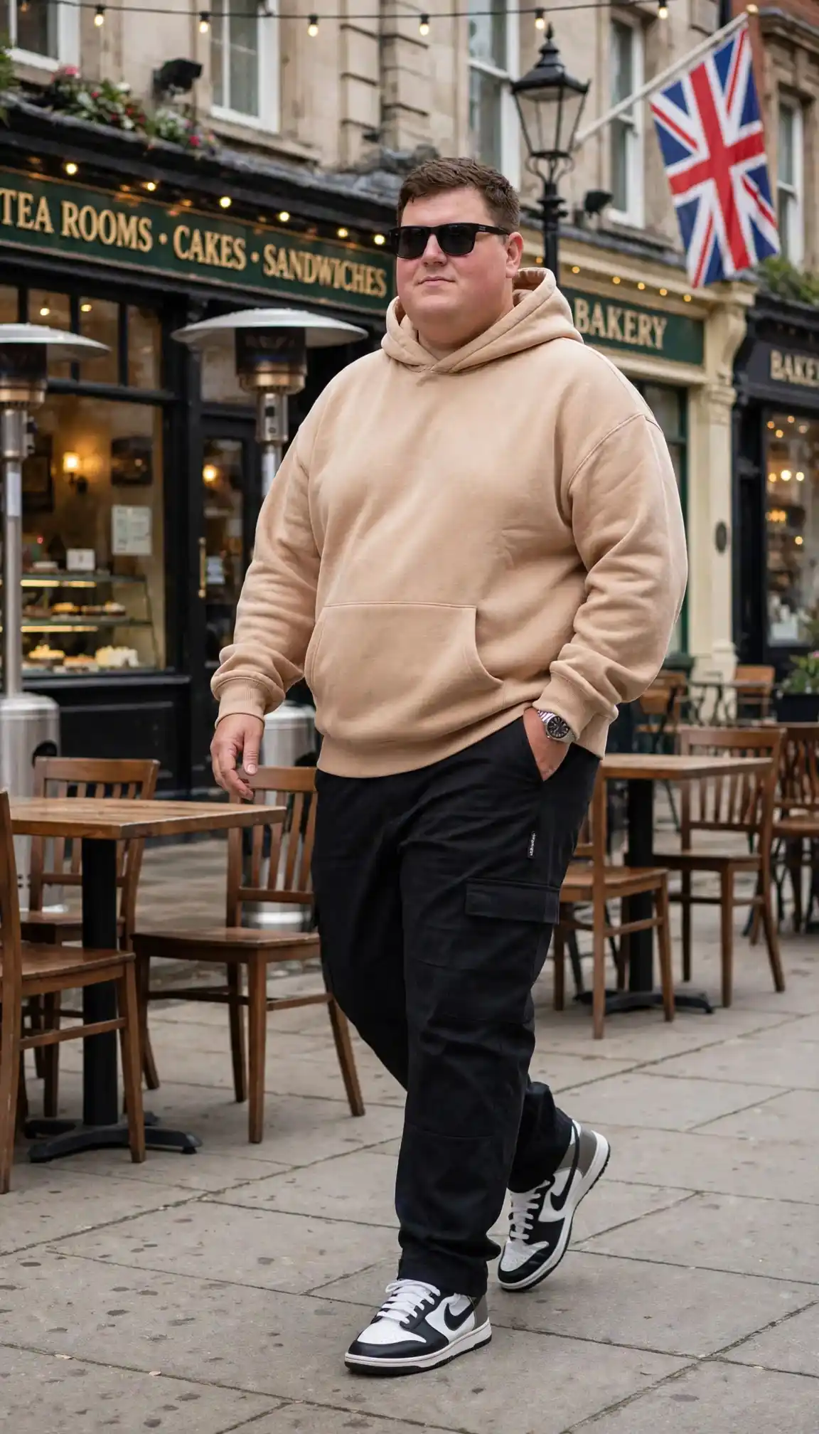 6. Tan Pullover Hoodie With Black Cargo Trousers
