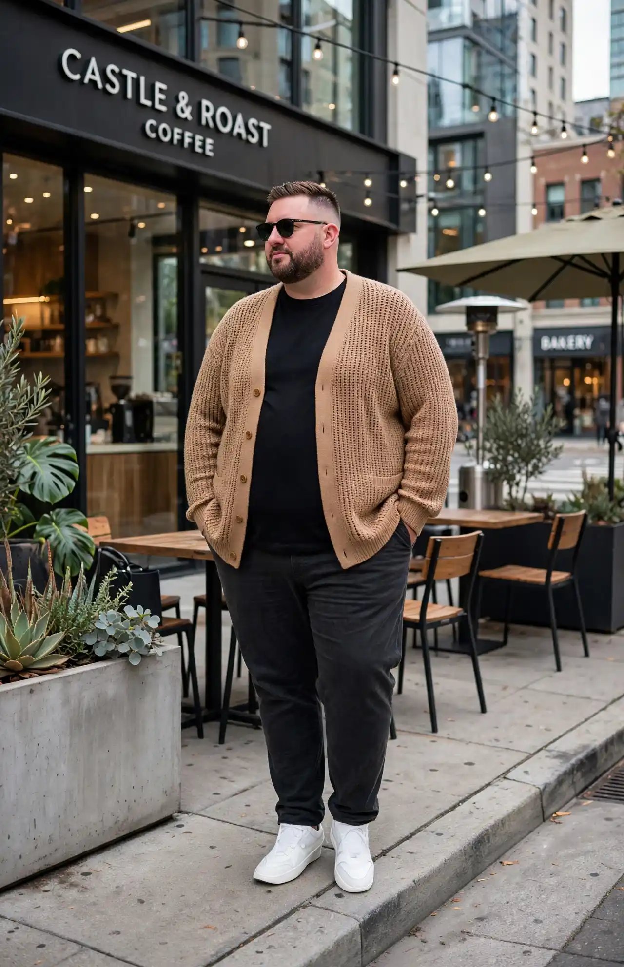 4. Camel Cardigan Coffee Date Look