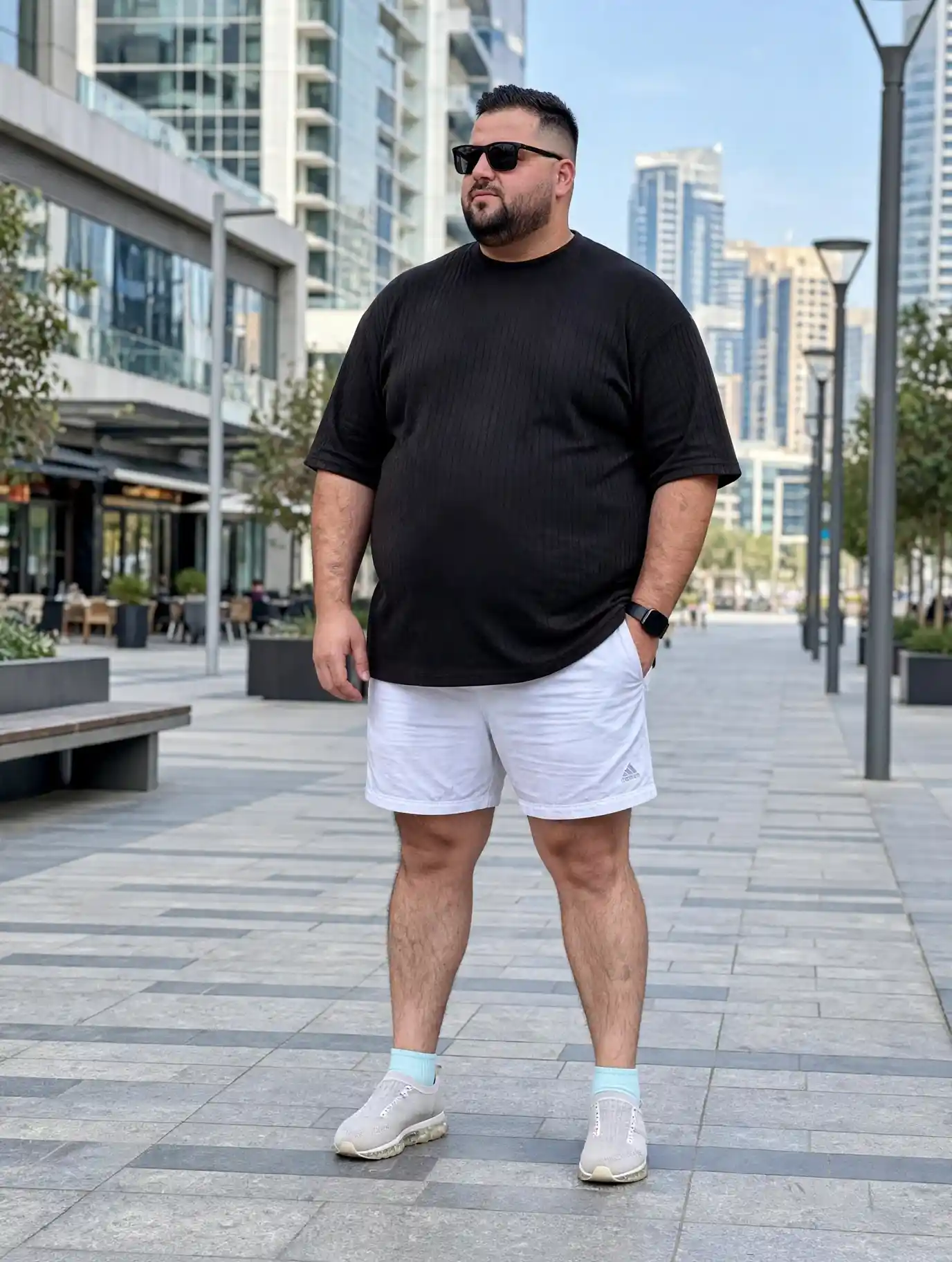 10. Ribbed Black Tee with White Athletic Shorts