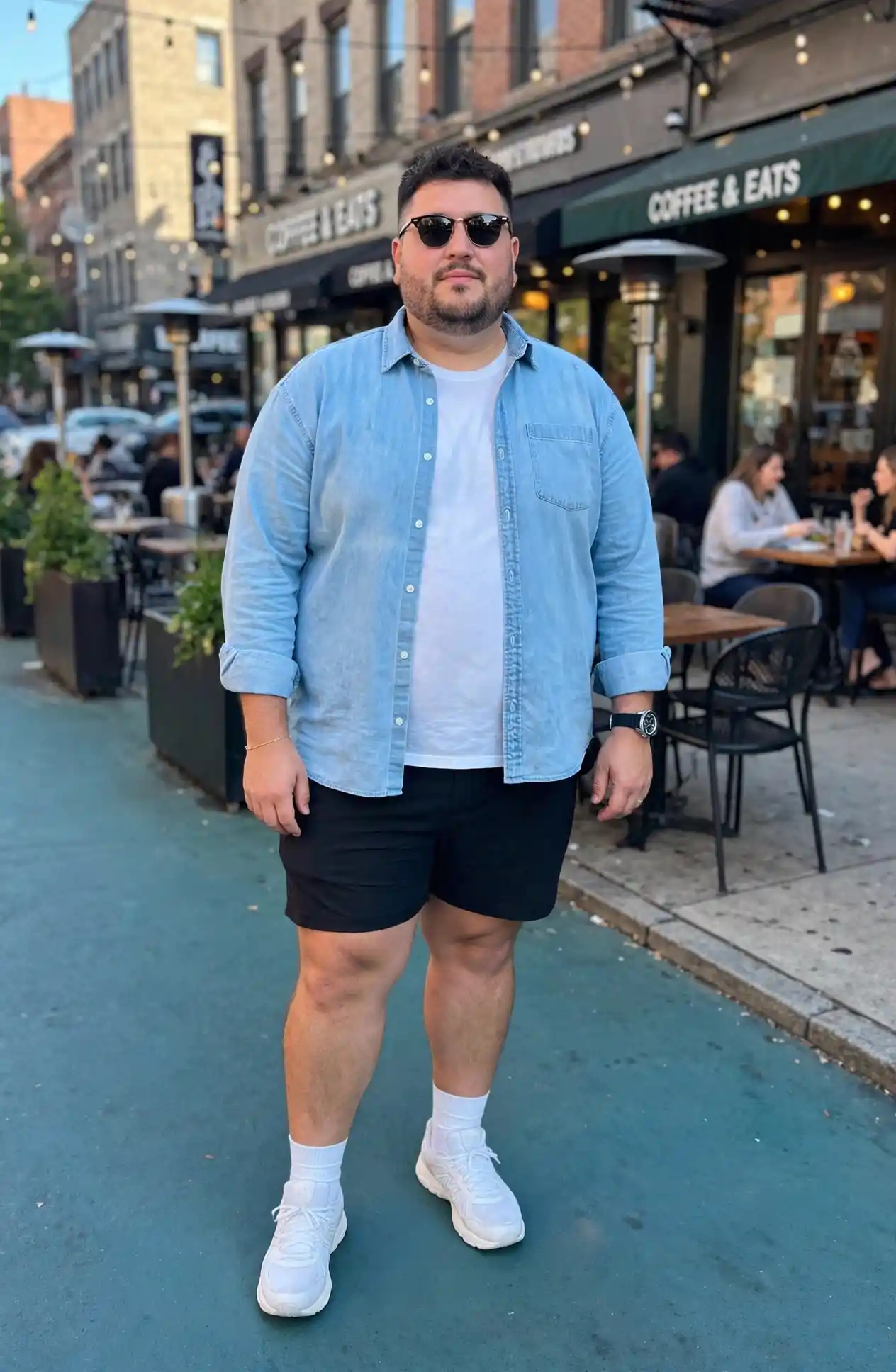 8. Denim Shirt with Black Shorts