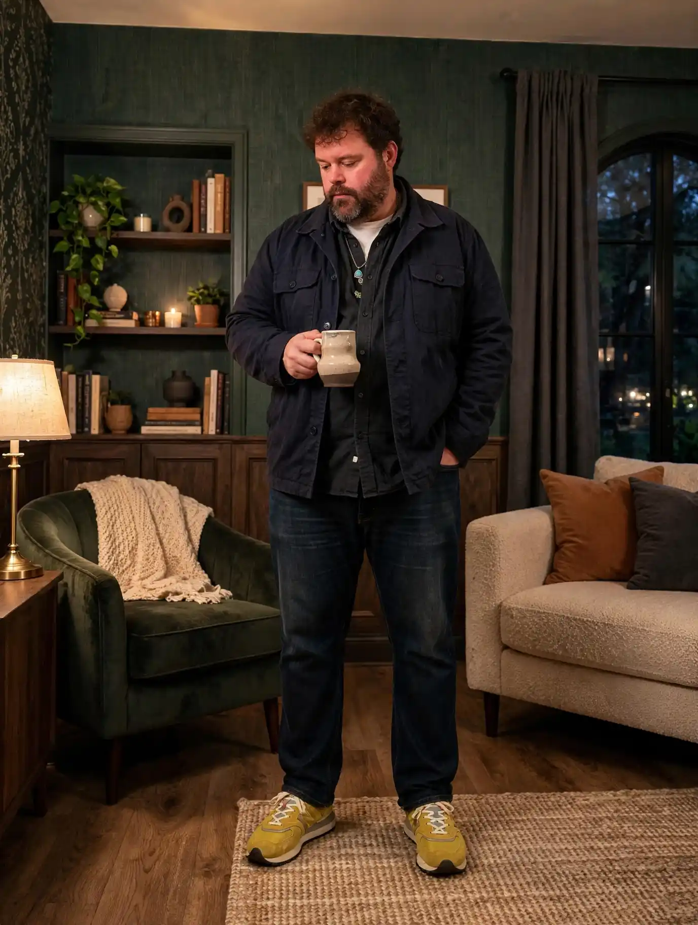 11. Navy Shirt Jacket Cozy Evening Look