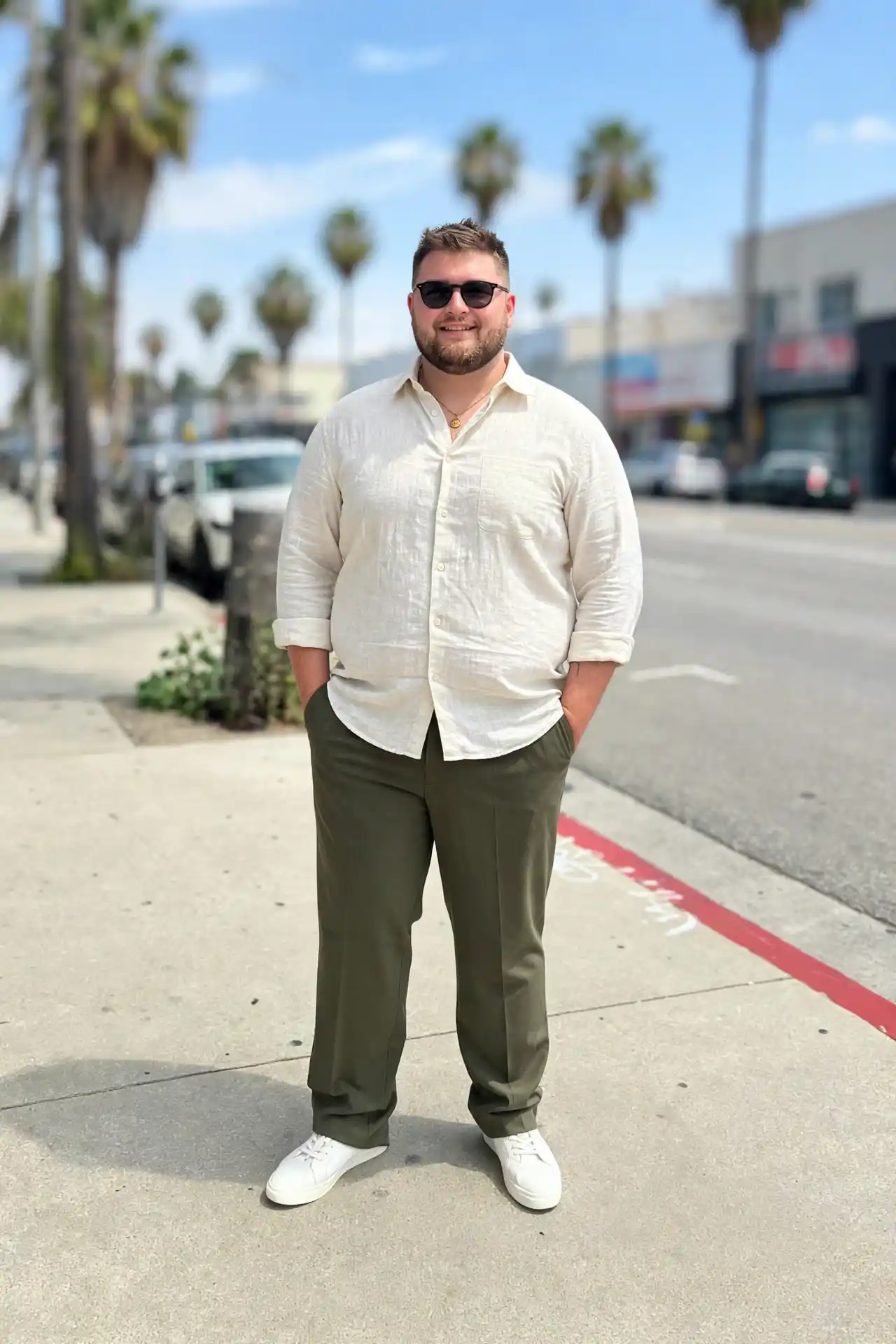 13. Cream Linen Shirt with Olive Trousers