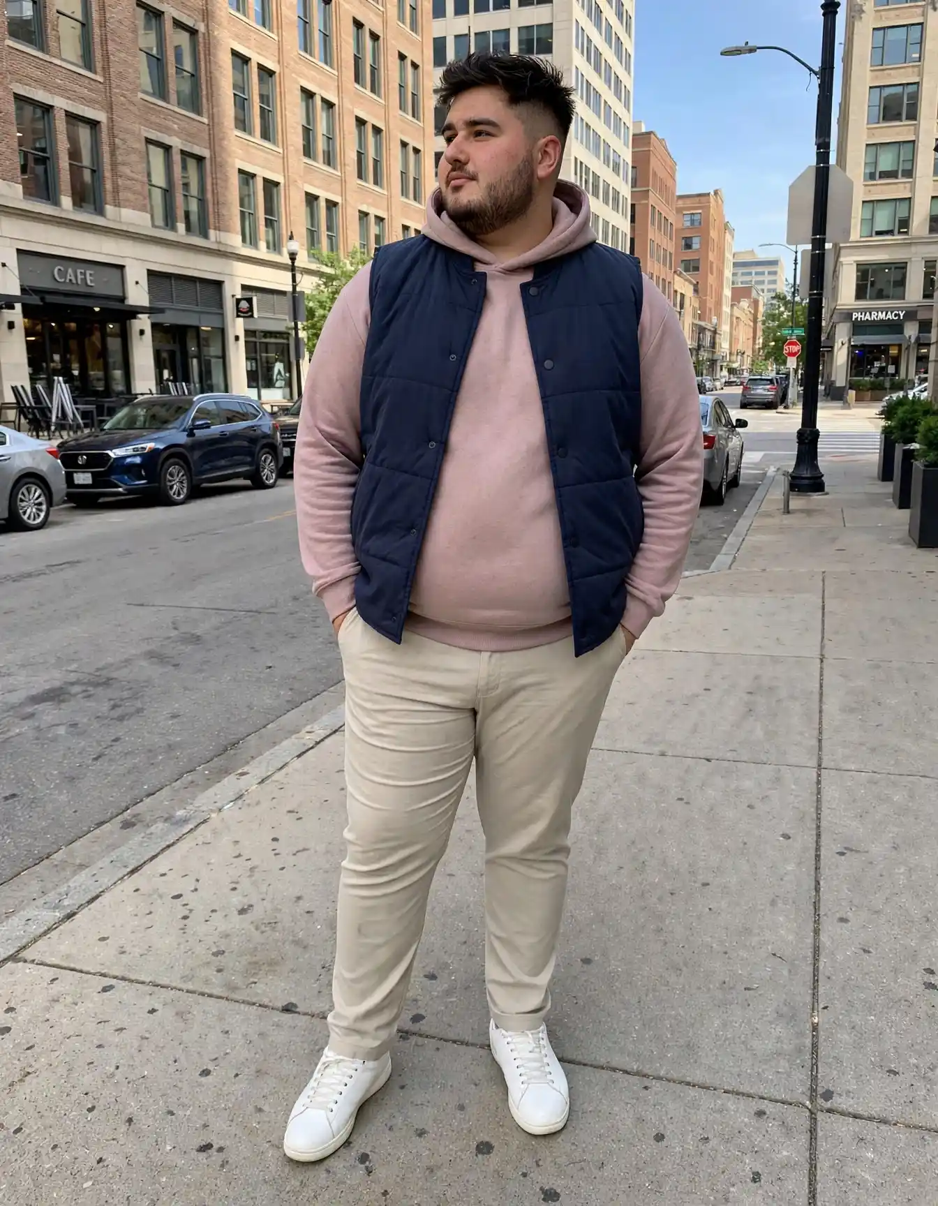 14. Pink Hoodie Styled Under Navy Puffer Vest