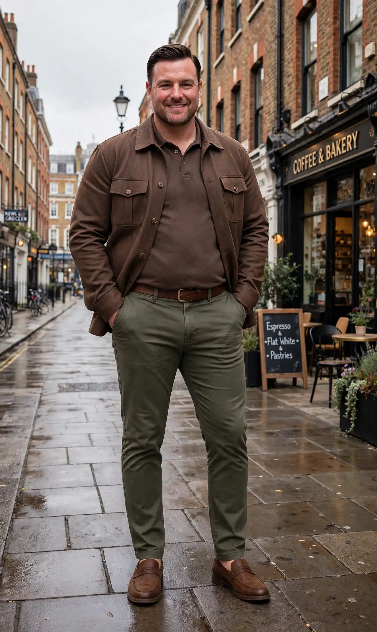 13. Brown Suede Overshirt and Olive Chinos