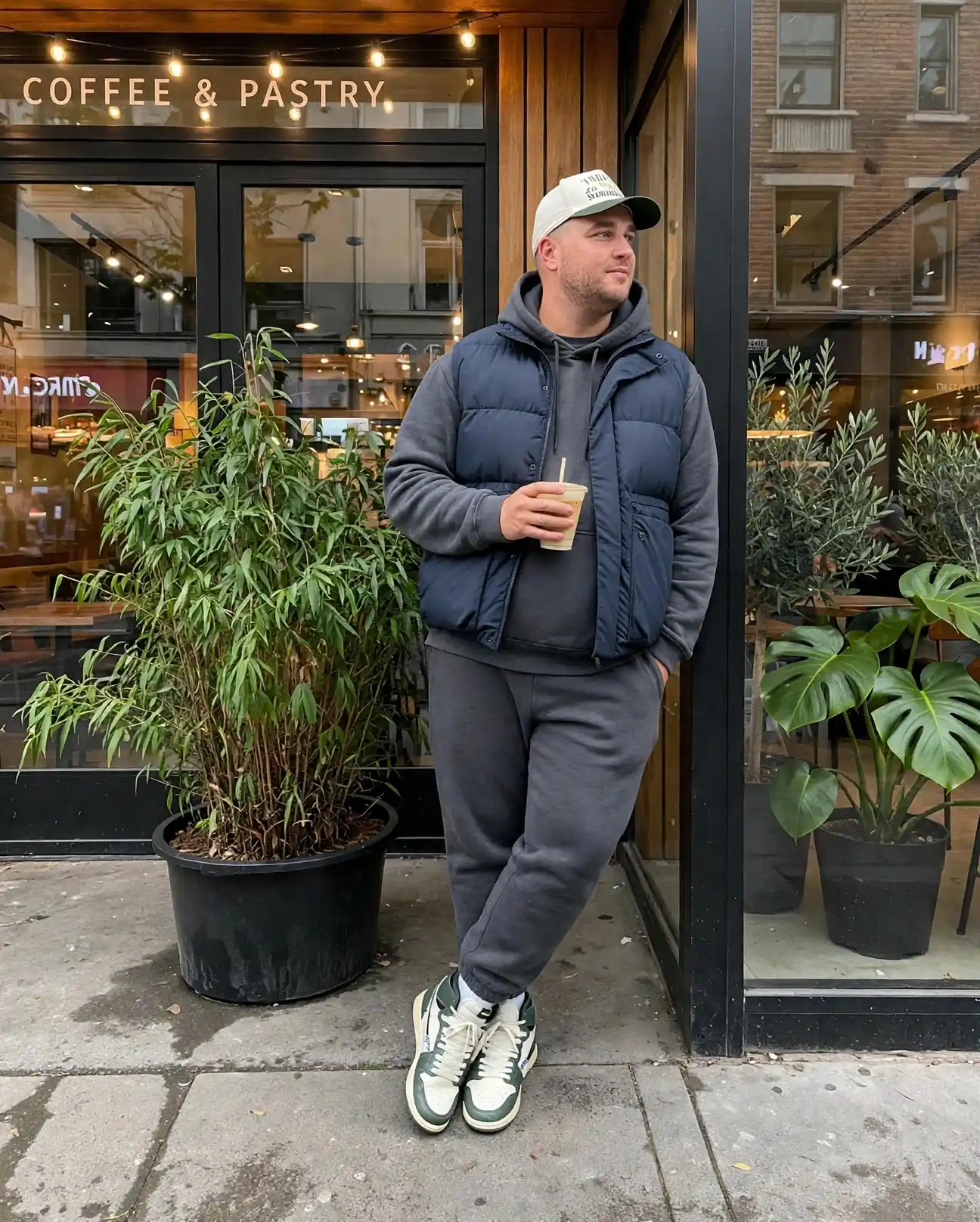 13. Grey Hoodie Layered Under Navy Puffer Vest