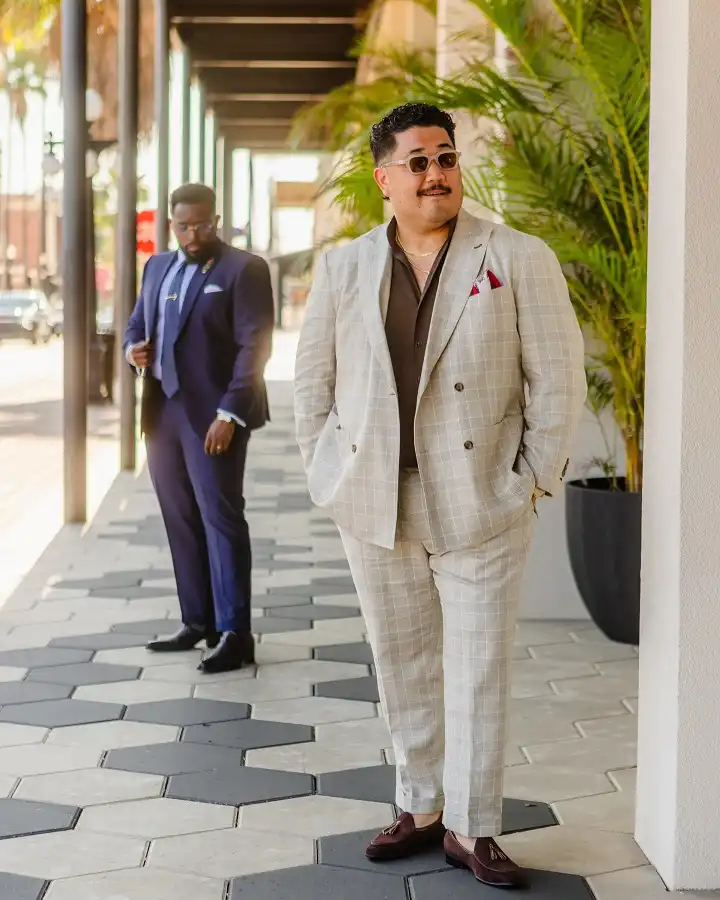 Wedding Guest Outfit for Plus Size Men: 15 Stylish Ideas 2 Play With Proportion in an Oatmeal Windowpane Suit