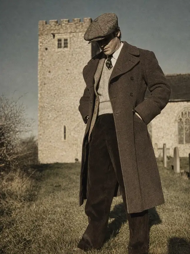 Brown Overcoat Over a Sweater, Shirt and Tie
