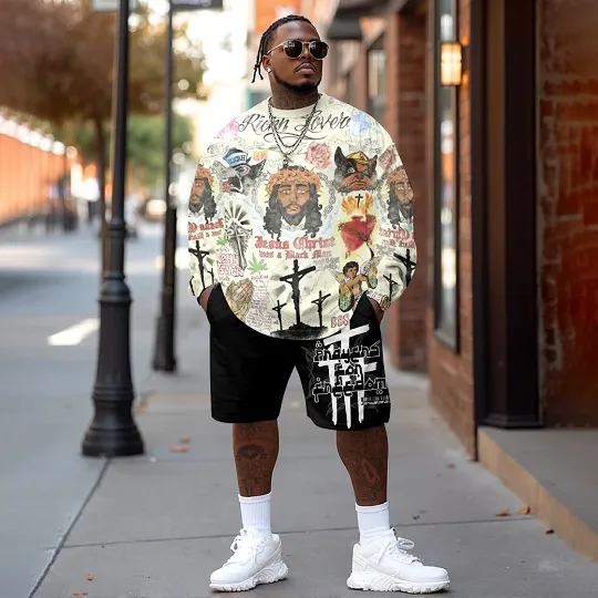 Graphic Long Sleeve Over Printed Black Shorts