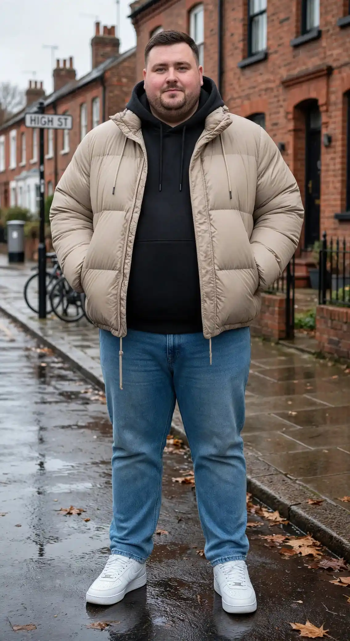 8. Black Hoodie Under Beige Puffer Jacket