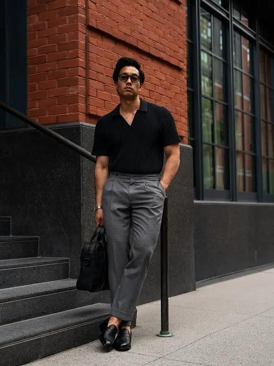 21 Capsule Workwear Outfits for Men (Minimal Office Style) 5 Black Knit Polo With Gray Trousers