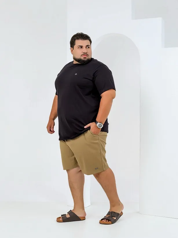 Black Tee, Tan Shorts, Brown Sandals