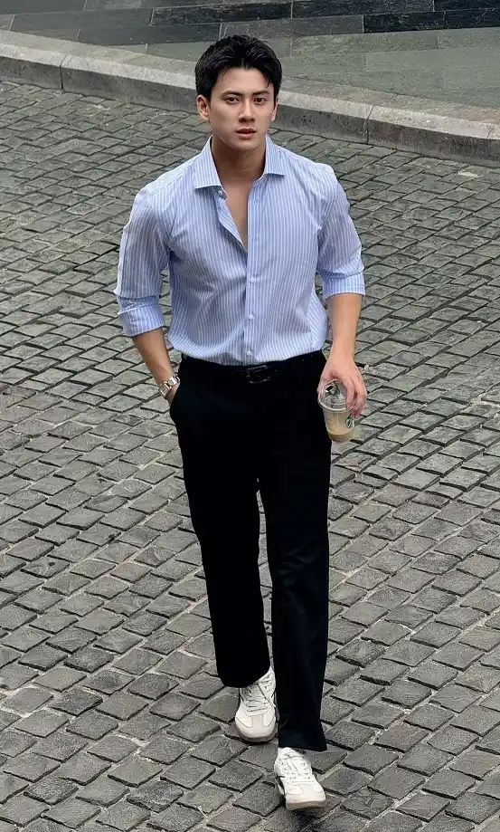 21 Capsule Workwear Outfits for Men (Minimal Office Style) 3 Striped Shirt With Black Trousers
