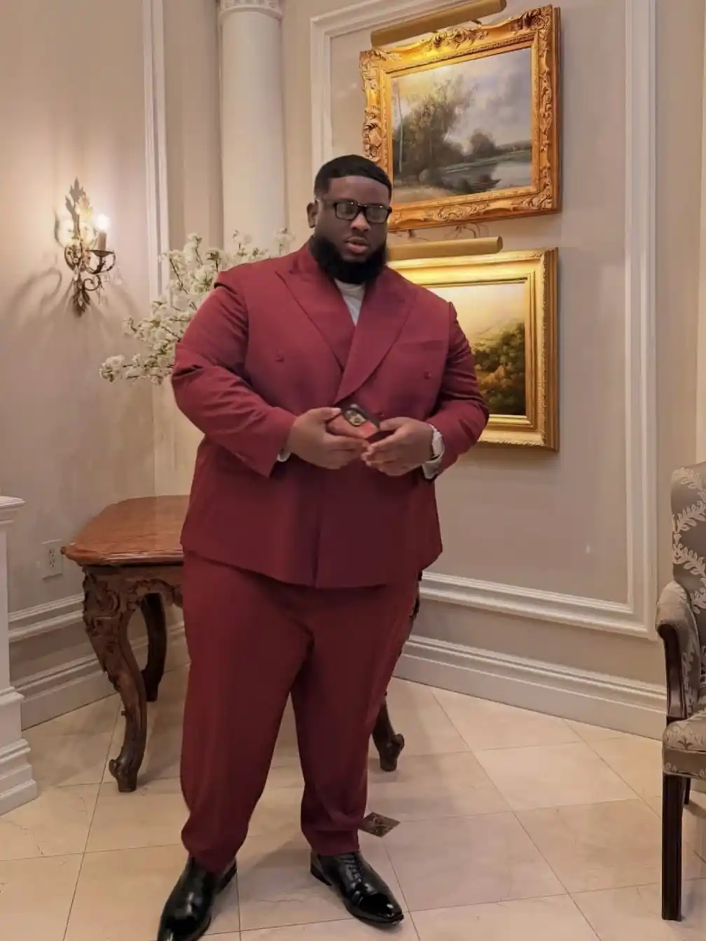 Wedding Guest Outfit for Plus Size Men: 15 Stylish Ideas 16 Go Bold With a Burgundy Double-Breasted Suit and No Tie