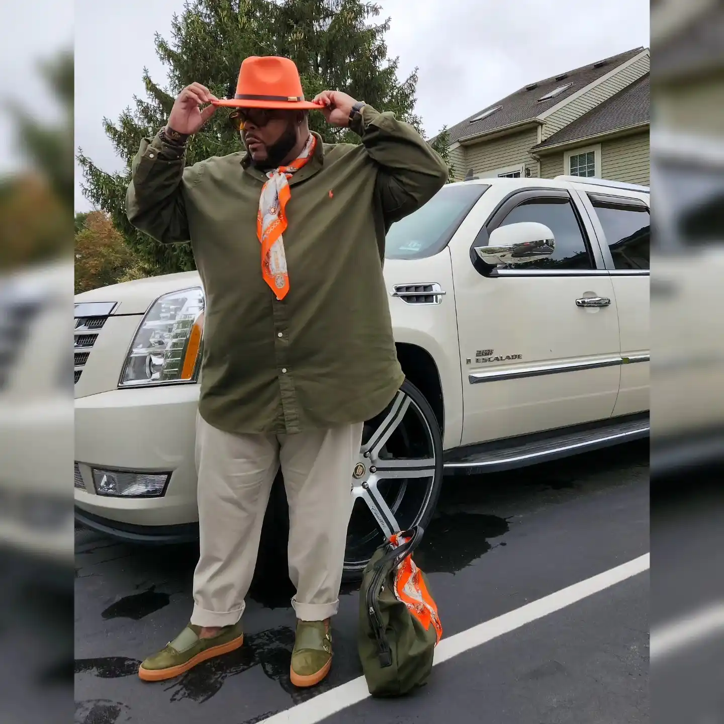 3. Olive Shirt with Bright Orange Hat
