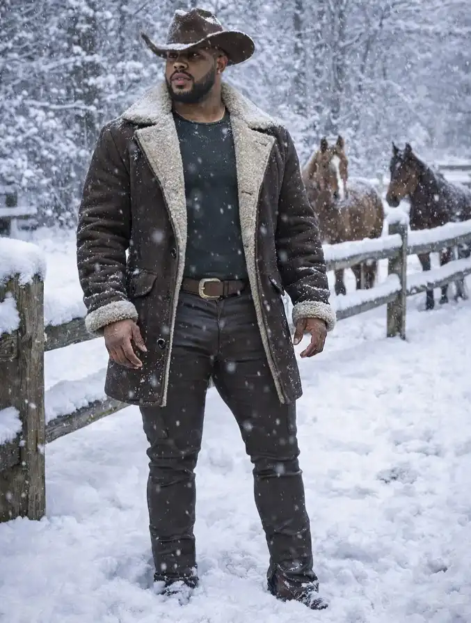 21 Winter Outfit Ideas for Plus Size Men That Actually Work 12 Shearling Coat, Felt Hat, and Brown on Brown