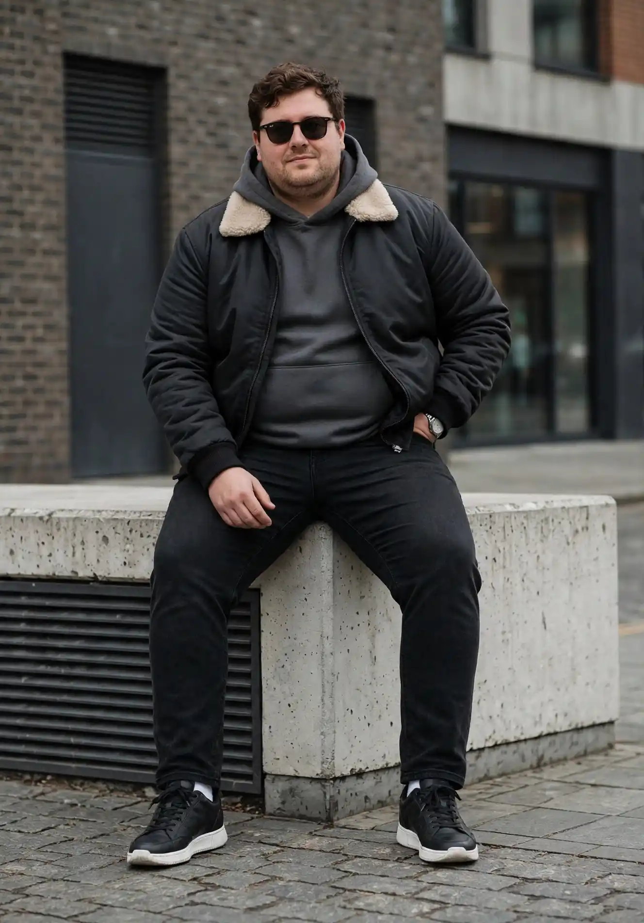 17. Shearling Collar Jacket with Grey Hoodie