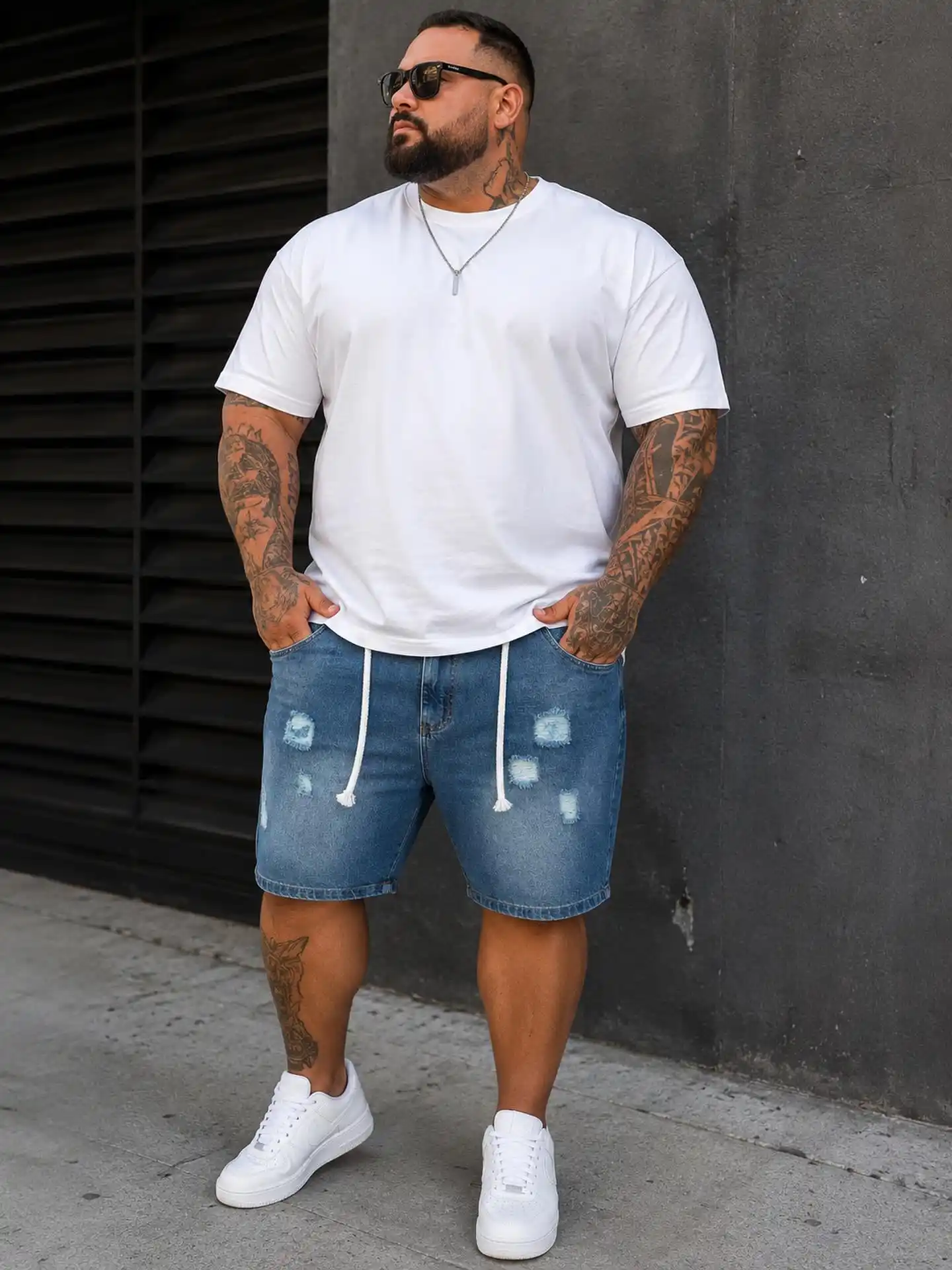 6. White Tee with Distressed Denim Shorts