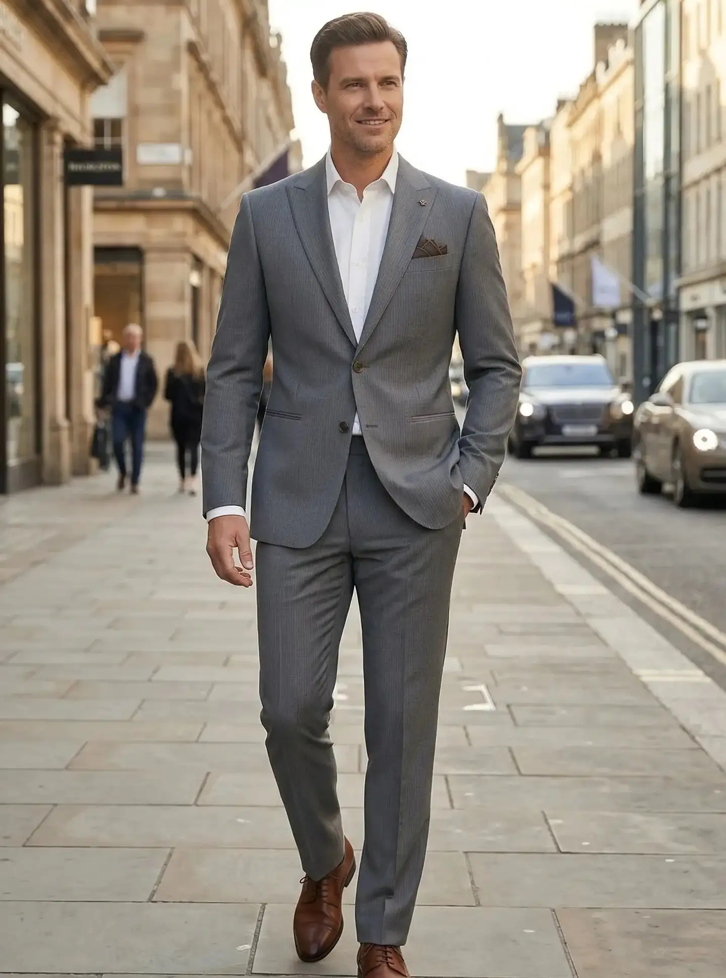 20 Suit Style Ideas for Tall Men That Look Proportional 10 Brown Shoes Under a Grey Suit