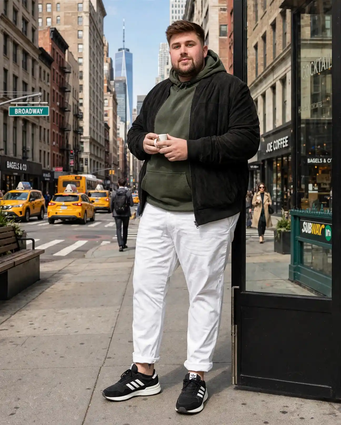 21 Winter Outfit Ideas for Plus Size Men That Actually Work 21 10. Bomber Jacket over Hoodie with White Trousers