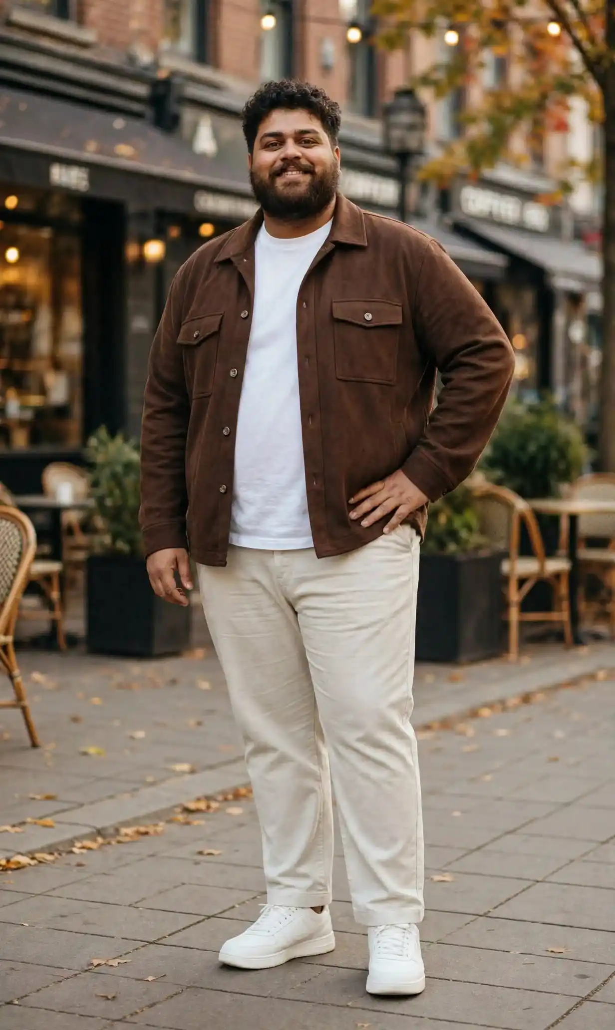 18 Earth Tone Outfits for Plus Size Men You Need to Try 15 15. Chocolate Suede Overshirt, White Tee, and Cream Trousers