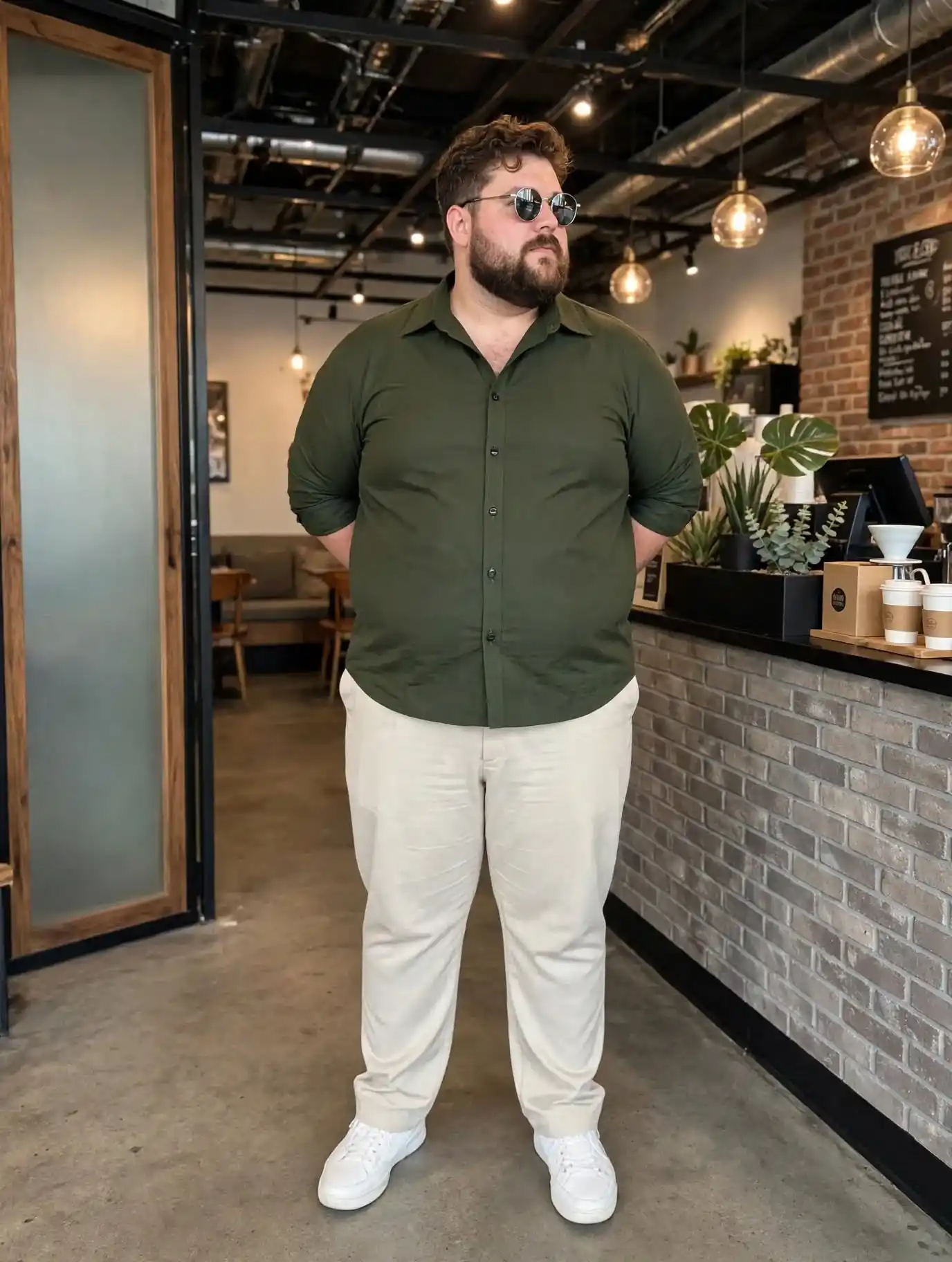 18 Earth Tone Outfits for Plus Size Men You Need to Try 18 18. Forest Green Button-Up, Oatmeal Trousers, and White Sneakers