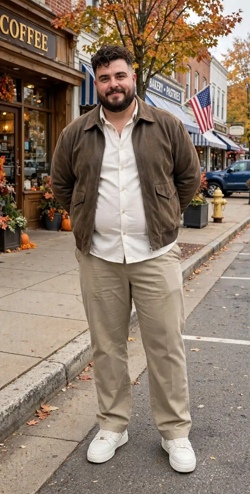 18 Earth Tone Outfits for Plus Size Men You Need to Try 17 17. Brown Suede Bomber, Ivory Shirt, and Khaki Trousers