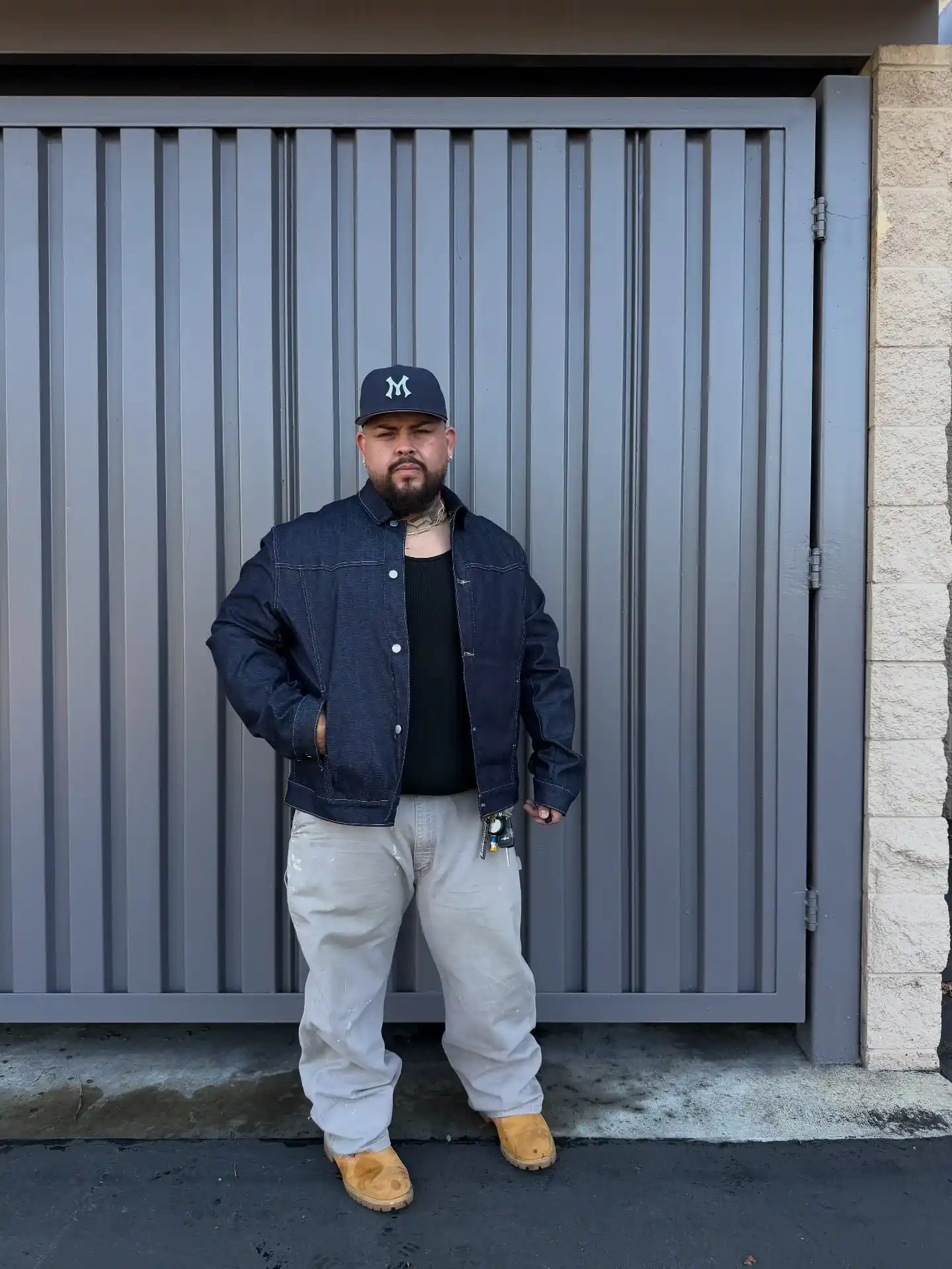 18 Earth Tone Outfits for Plus Size Men You Need to Try 6 6. Raw Denim Jacket, Black Tank, and Stone Work Pants with Wheat Boots