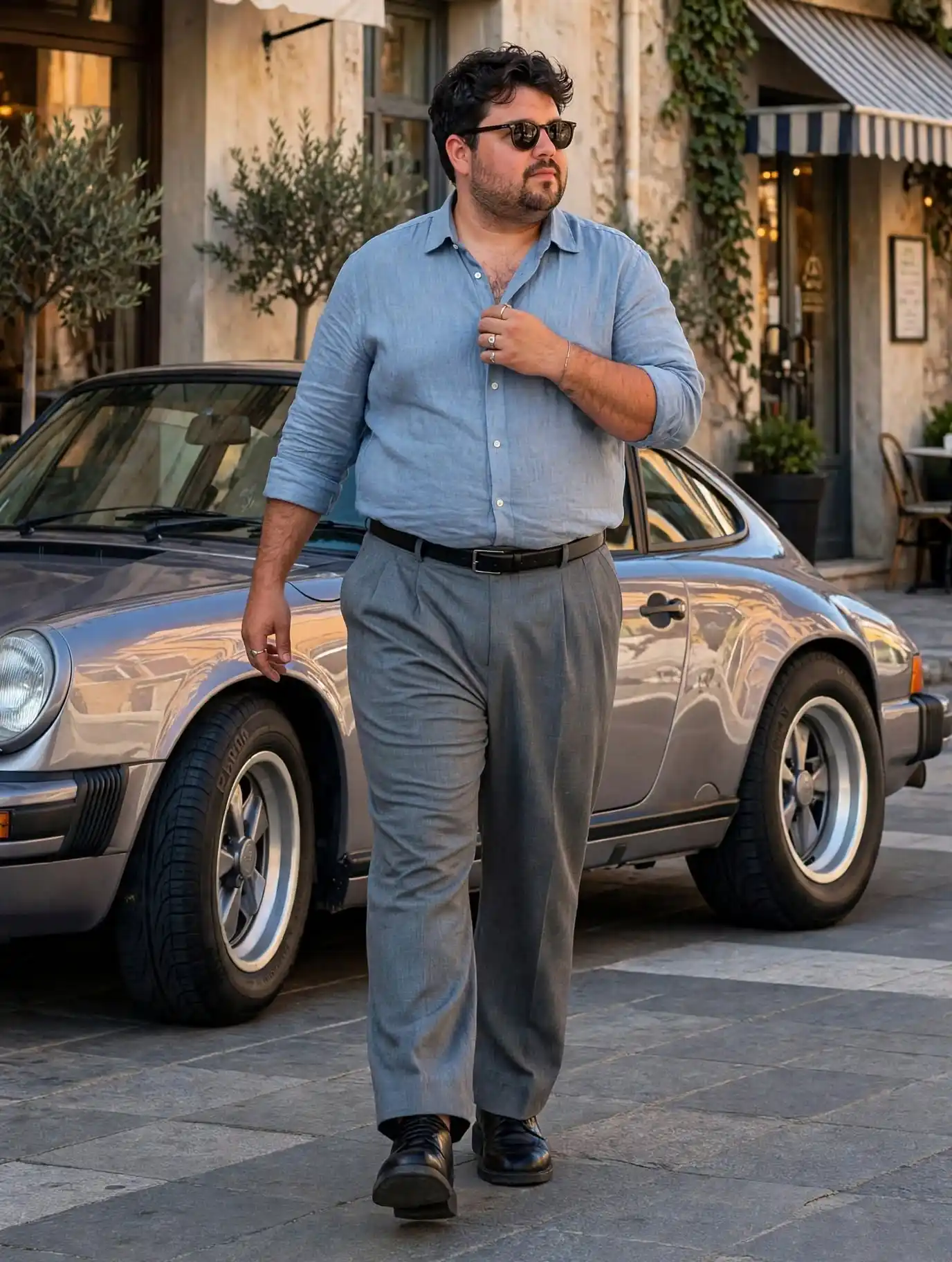 16. Wear a Chambray Blue Linen Shirt With Grey Pleated Trousers and a Black Belt for an Old-World Evening Out