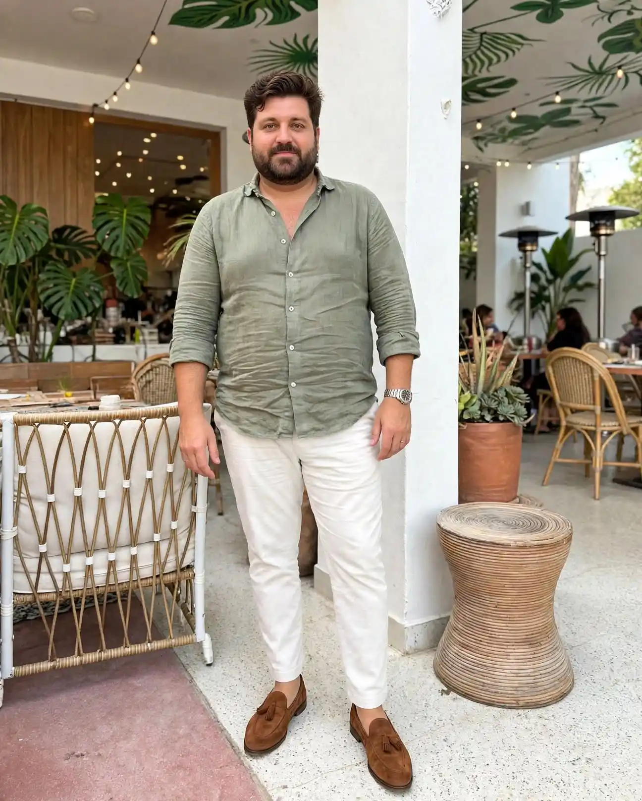 14. Try a Sage Green Linen Shirt With White Pants and Tassel Loafers for a Dinner Date