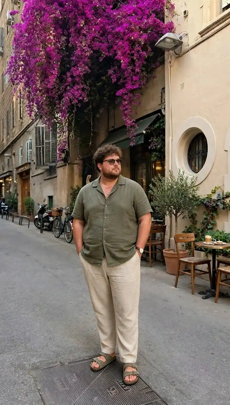 18 Earth Tone Outfits for Plus Size Men You Need to Try 16 16. Olive Linen Camp Shirt, Sand Trousers, and Matching Olive Sandals
