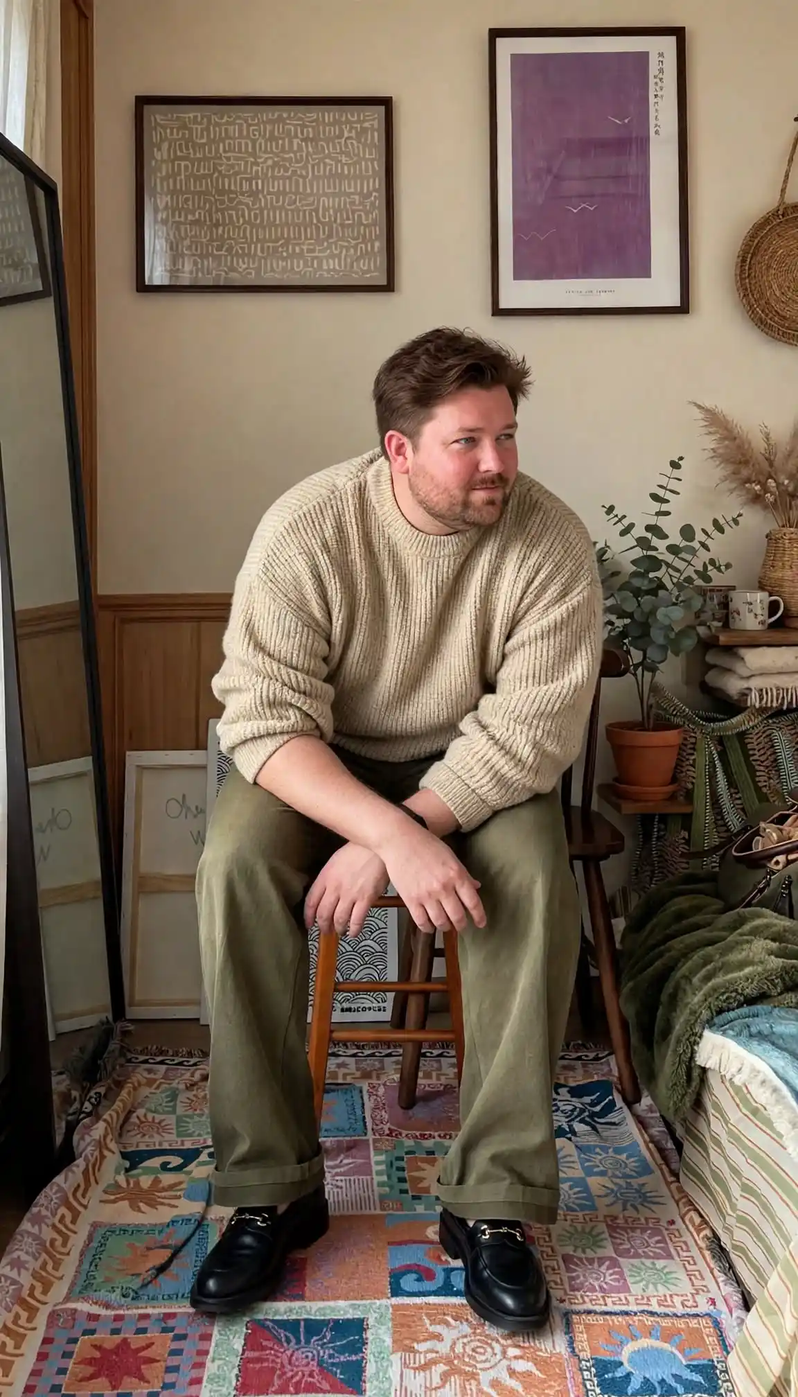 18 Earth Tone Outfits for Plus Size Men You Need to Try 14 14. Cream Chunky Knit, Olive Wide Leg Pants, and Black Horsebit Loafers