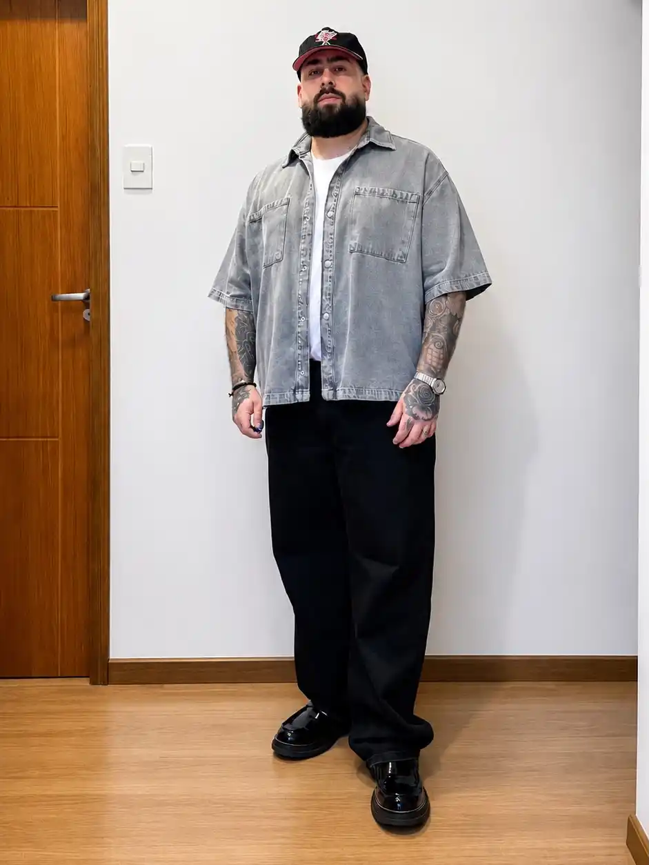 15 Effortless Outfit Ideas for Plus Size Men Real Men Swear By 2 1. Washed Gray Overshirt and Wide Black Pants for a Relaxed Smart Casual Look
