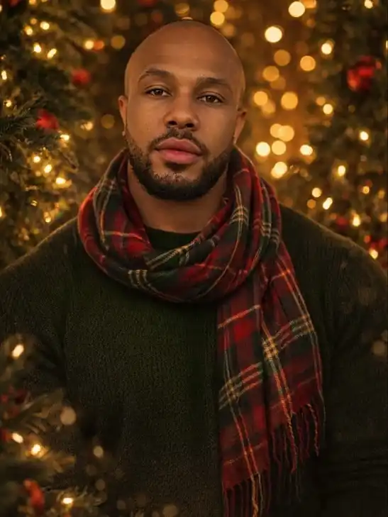 15 Christmas Party Outfits for Plus Size Men That Actually Work 12 Dark Olive Sweater With a Red Tartan Scarf