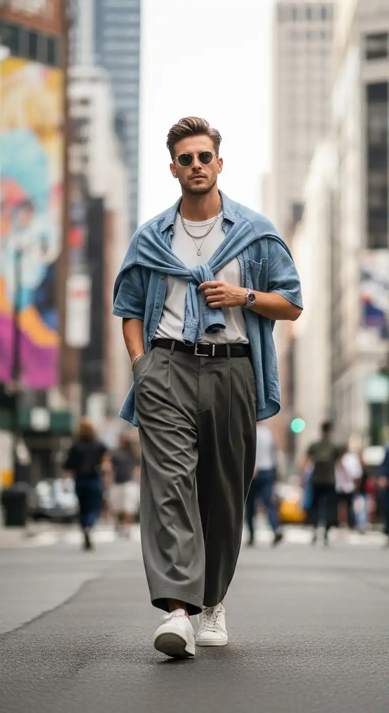 15 Cool Street Style Men Outfits You’ll Want To Copy Immediately 5 4. Wide-Leg Trousers With Crisp Sneakers
