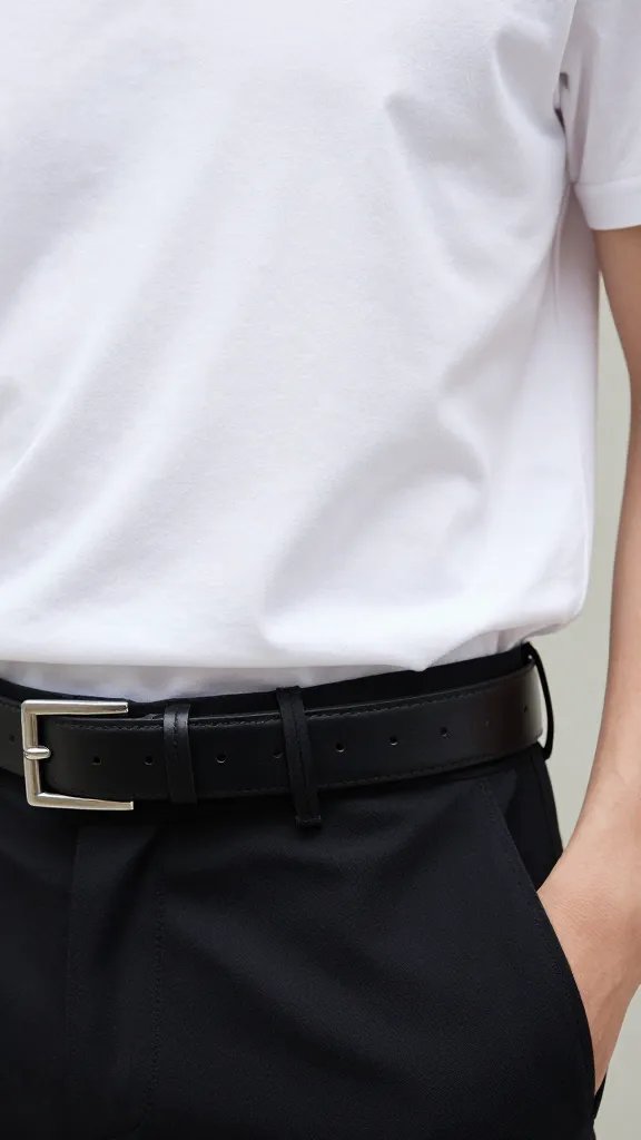 9 Black Shorts Outfit Men Ideas to Look Effortlessly Cool 6 Closeup: white structured tee tucked into black shorts, leather belt