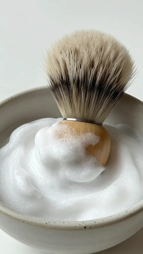How to Prevent Razor Burn Fast 4 closeup of shaving brush loaded with lather in ceramic bowl