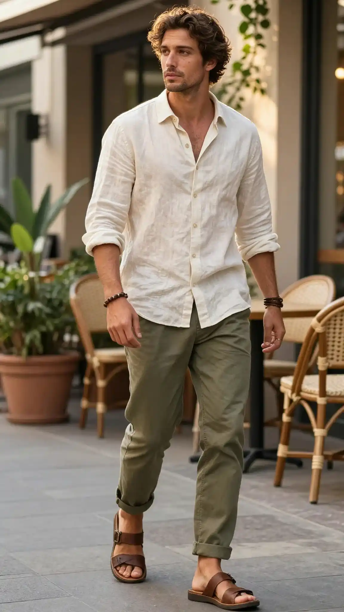16 Boho Outfit Ideas for Men to Wear Casually 6 1. Linen Shirt Relaxed Chinos Leather Sandals