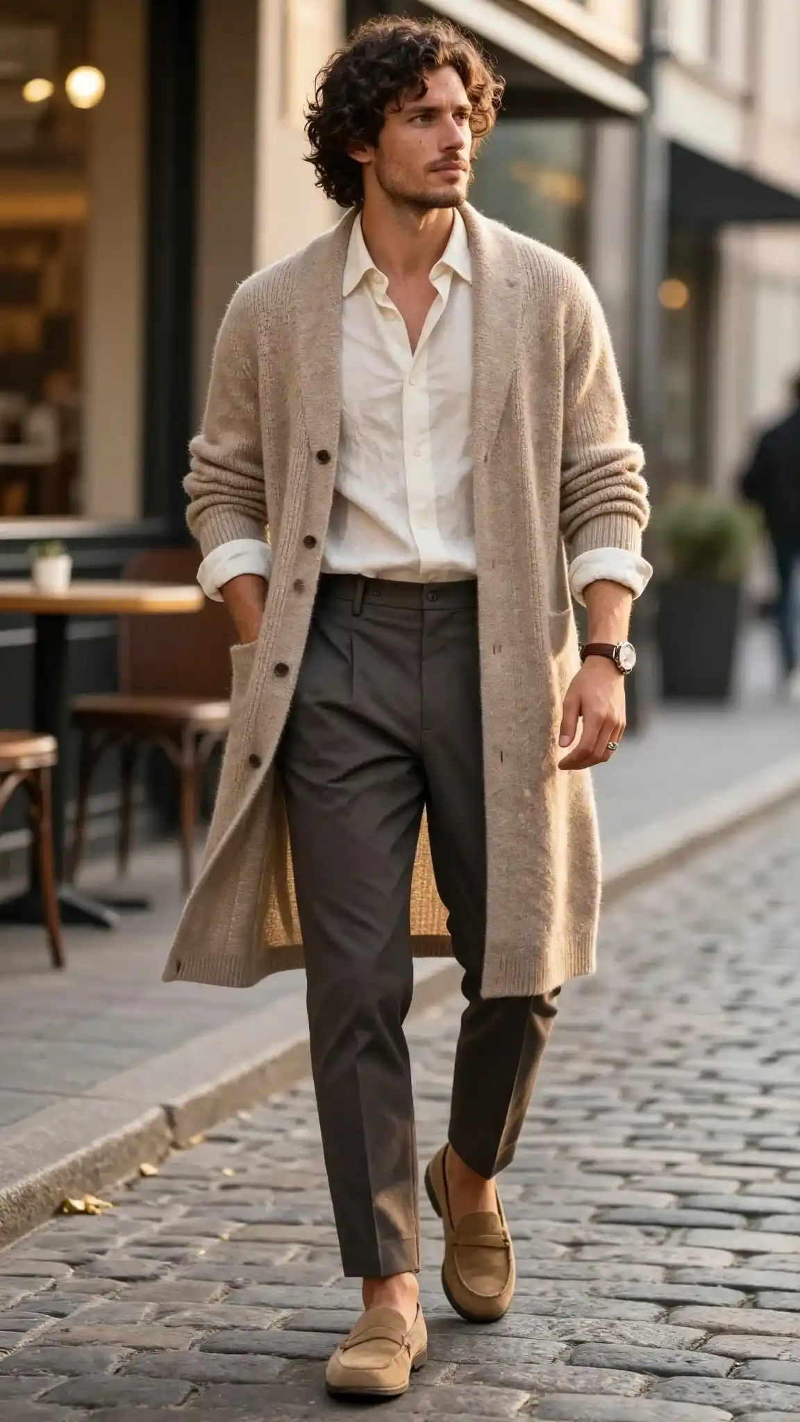 16 Boho Outfit Ideas for Men to Wear Casually 18 10. Longline Cardigan or Duster + Button-Up + Tapered Trousers