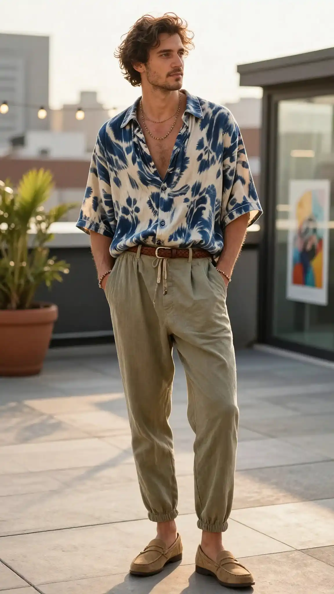 16 Boho Outfit Ideas for Men to Wear Casually 7 2. Patterned Camp-Collar Shirt + Drawstring Trousers