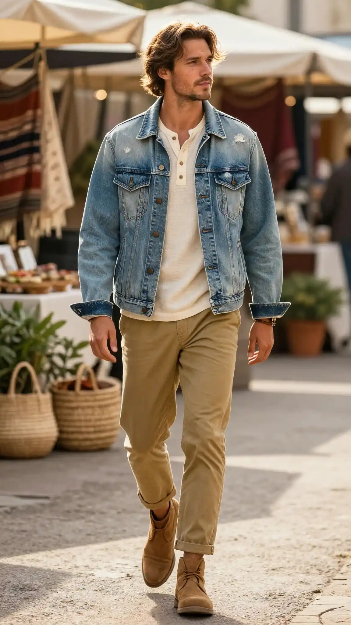 16 Boho Outfit Ideas for Men to Wear Casually 9 3. Denim Jacket Lightweight Henley Cropped Pants