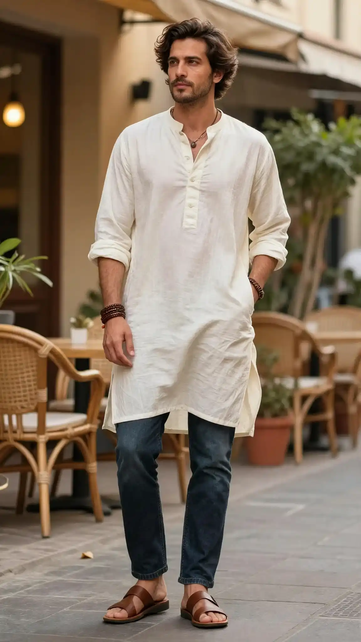 16 Boho Outfit Ideas for Men to Wear Casually 11 4. Flowy Kurta-Style Shirt + Slim Jeans