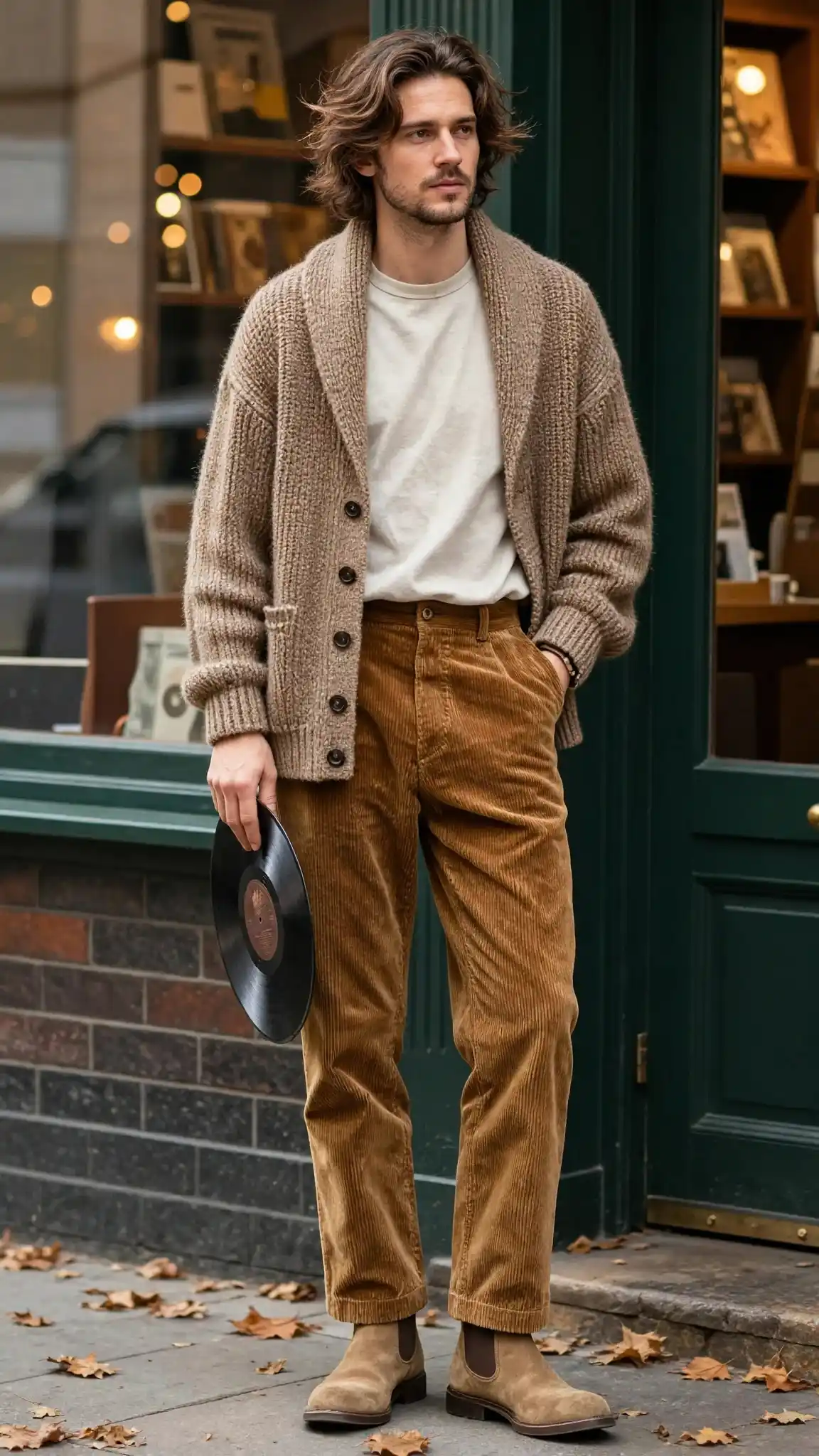 16 Boho Outfit Ideas for Men to Wear Casually 13 5. Oversized Knitted Cardigan + Tee + Corduroy Trousers